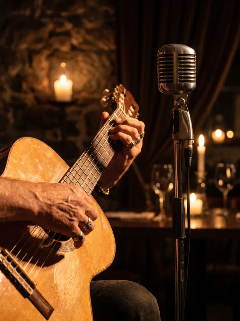 Manos de un guitarrista de bohemia junto a un micrófono antiguo