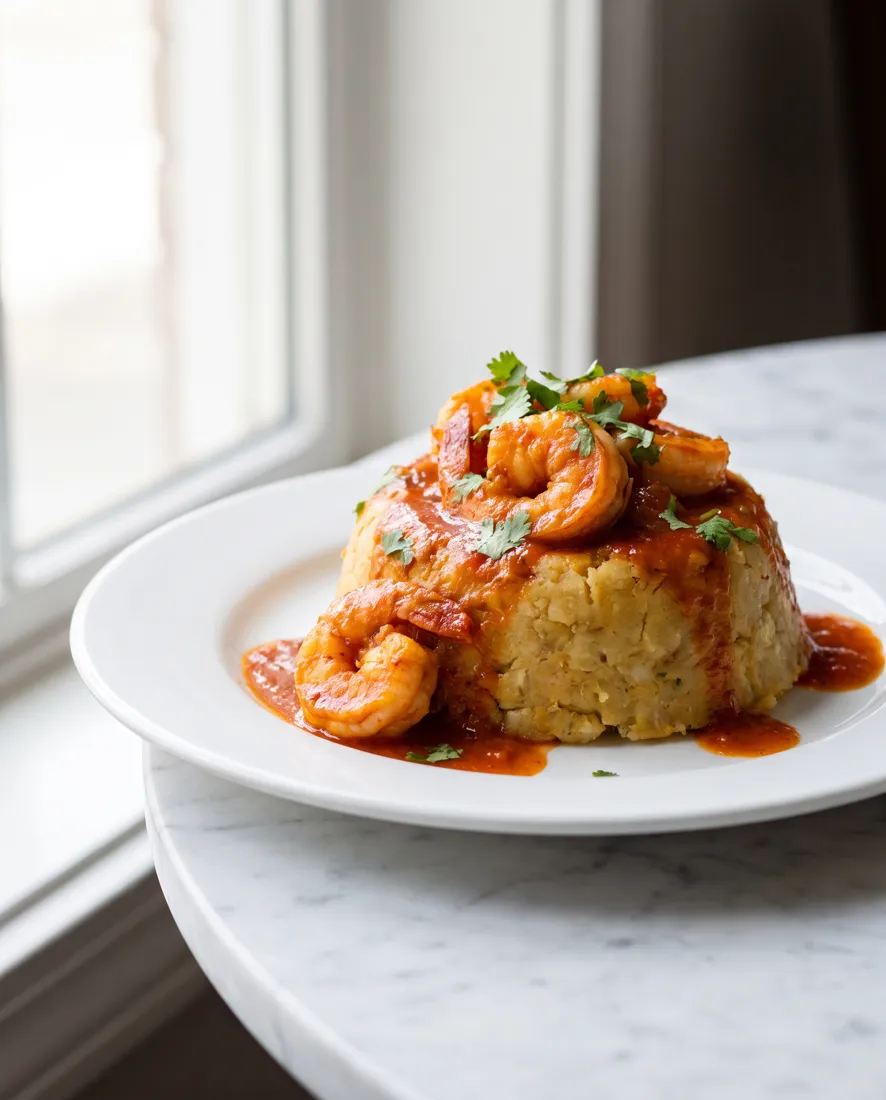 Mofongo de yuca relleno de camarones a la criolla