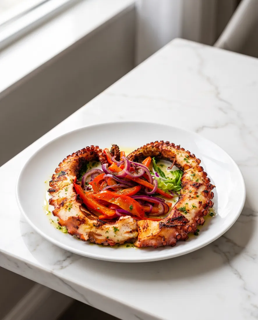 Pulpo a la parrilla con pimientos asados