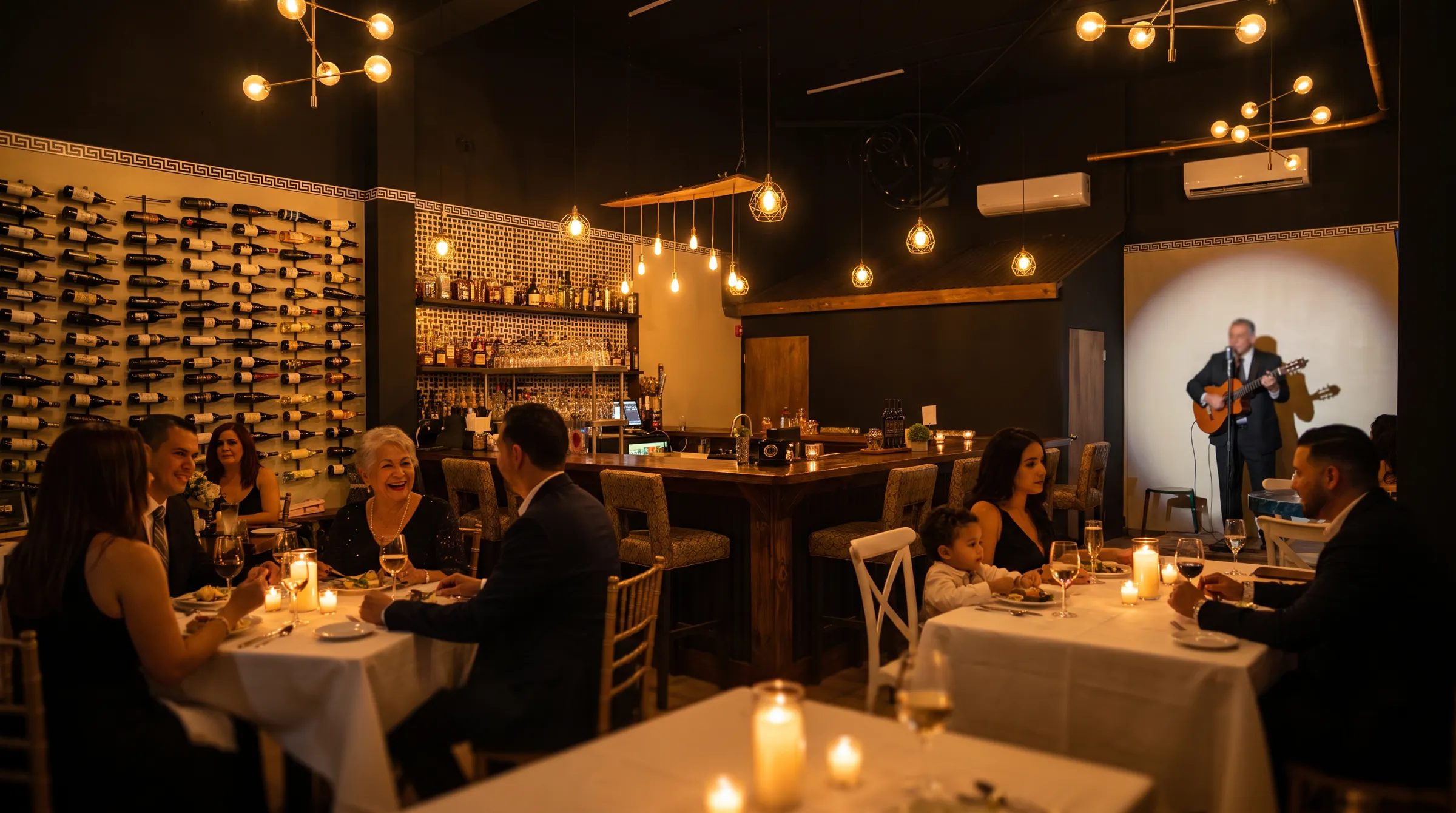 Salón de The New Oscar's con pared de vinos y un cantante de bohemia en vivo